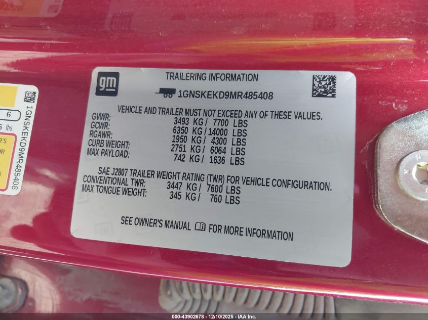 2021 Chevrolet Suburban 4Wd Rst VIN: 1GNSKEKD9MR485408 Lot: 43902678