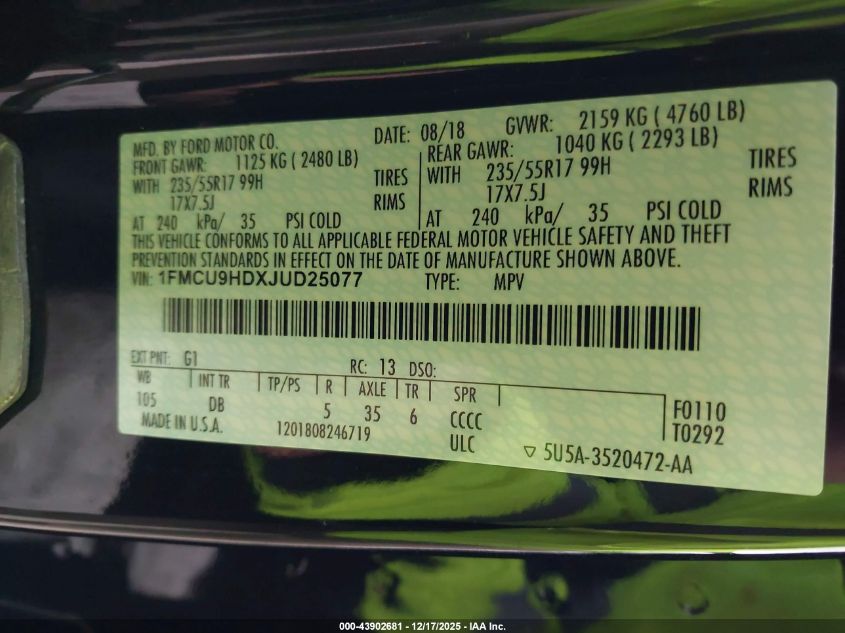 2018 Ford Escape Sel VIN: 1FMCU9HDXJUD25077 Lot: 43902681