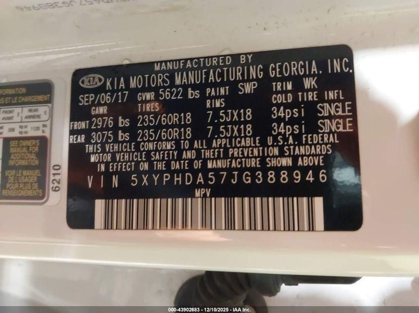 2018 Kia Sorento 3.3L Ex VIN: 5XYPHDA57JG388946 Lot: 43902683