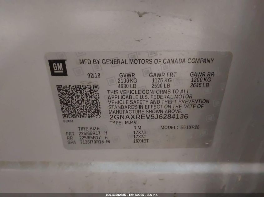 2018 Chevrolet Equinox Ls VIN: 2GNAXREV5J6284136 Lot: 43902685