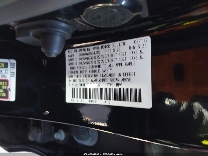 2012 Honda Cr-V Exl VIN: JHLRM4H72CC021247 Lot: 43902687
