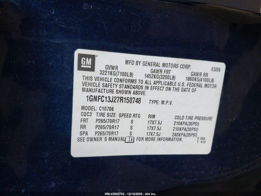 2007 Chevrolet Tahoe Lt VIN: 1GNFC13J27R150748 Lot: 43902703