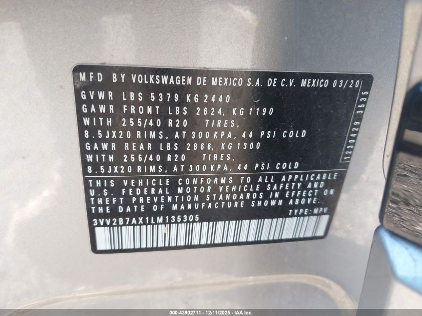 2020 Volkswagen Tiguan 2.0T Se/2.0T Se R-Line Black/2.0T Sel VIN: 3VV2B7AX1LM135305 Lot: 43902711