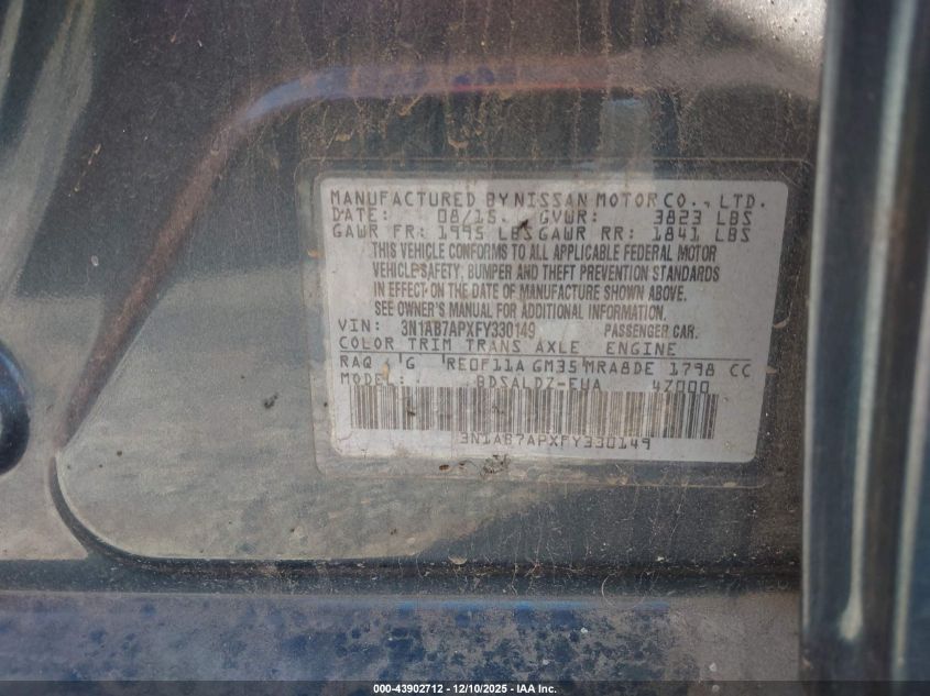 2015 Nissan Sentra Sv VIN: 3N1AB7APXFY330149 Lot: 43902712