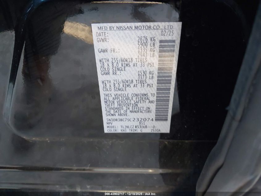 2025 Nissan Pathfinder Sv 4Wd VIN: 5N1DR3BC7SC232074 Lot: 43902717