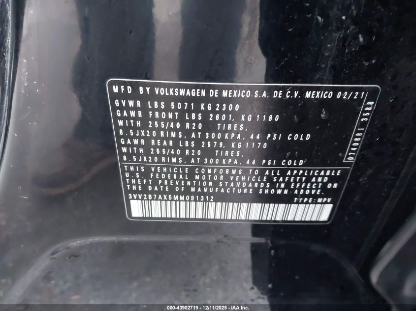 2021 Volkswagen Tiguan 2.0T Se/2.0T Se R-Line Black/2.0T Sel VIN: 3VV2B7AX5MM091312 Lot: 43902719