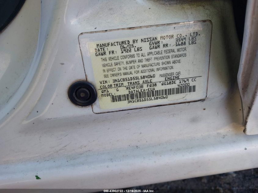 2005 Nissan Sentra 1.8S VIN: 3N1CB51D55L584060 Lot: 43902722