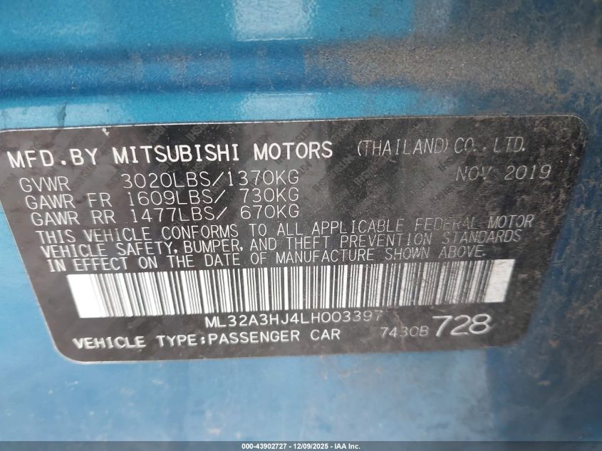2020 Mitsubishi Mirage Es VIN: ML32A3HJ4LH003397 Lot: 43902727