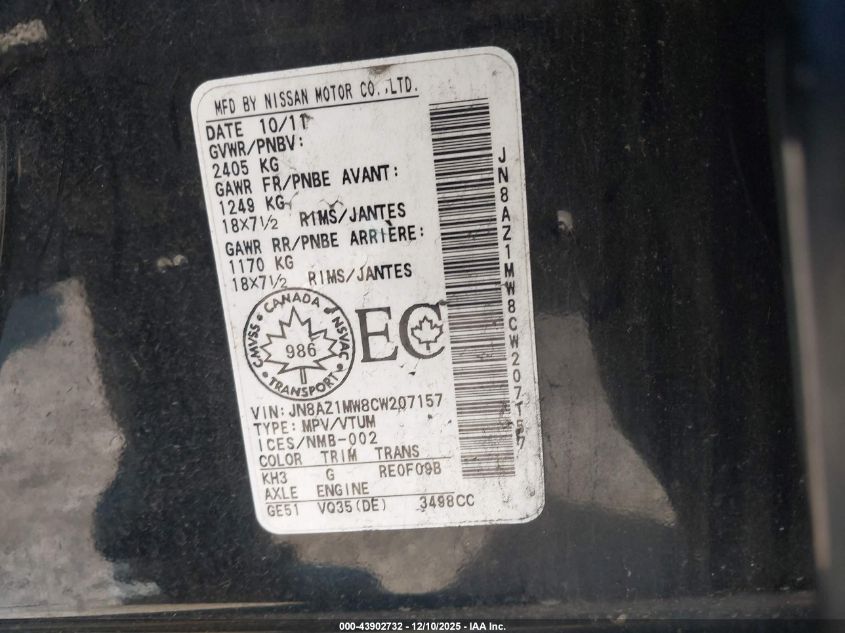 2012 Nissan Murano Sl VIN: JN8AZ1MW8CW207157 Lot: 43902732