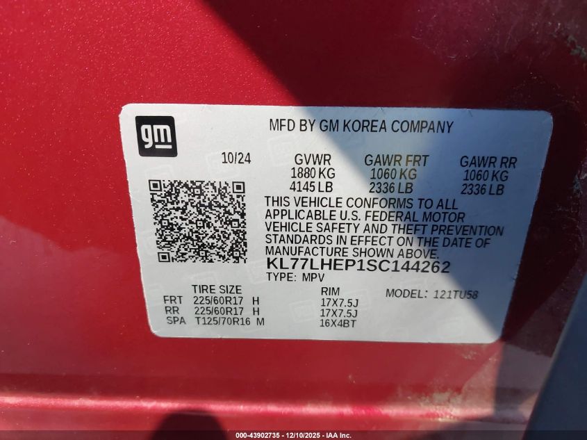 2025 Chevrolet Trax Fwd Lt VIN: KL77LHEP1SC144262 Lot: 43902735