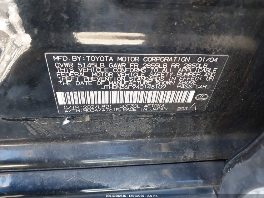 2004 Lexus Ls 430 VIN: JTHBN36F940148109 Lot: 43902736