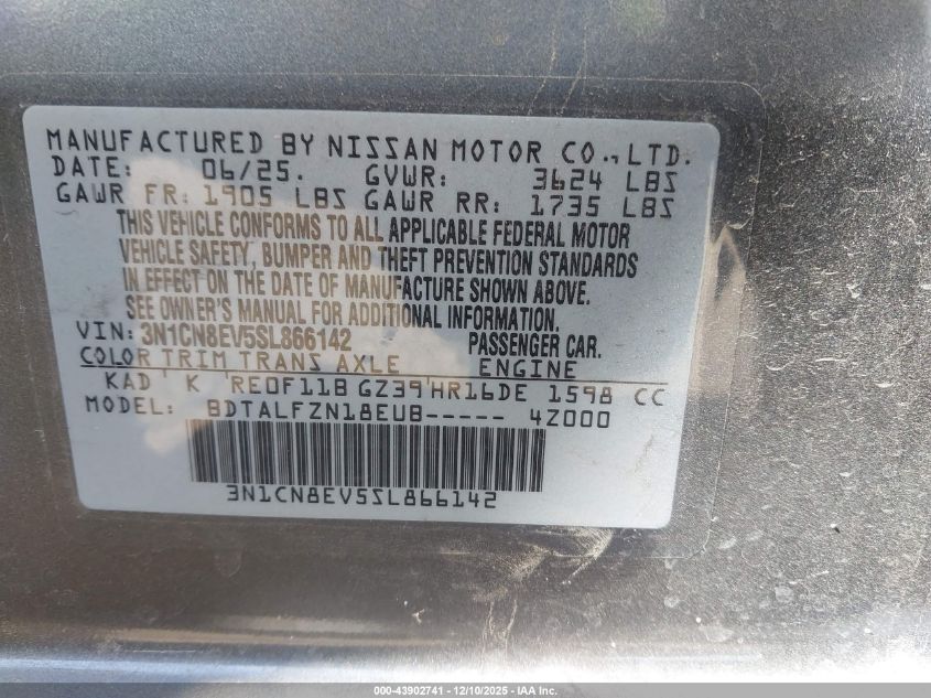 2025 Nissan Versa 1.6 Sv VIN: 3N1CN8EV5SL866142 Lot: 43902741