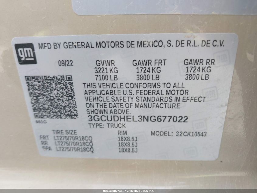 2022 Chevrolet Silverado 1500 4Wd Short Bed Zr2 VIN: 3GCUDHEL3NG677022 Lot: 43902746