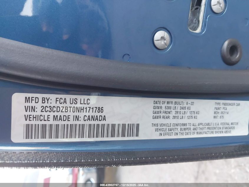 2022 Dodge Challenger R/T VIN: 2C3CDZBT0NH171786 Lot: 43902757