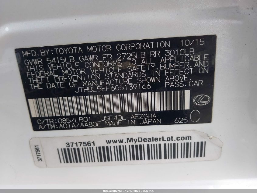 2016 Lexus Ls 460 VIN: JTHBL5EF6G5139166 Lot: 43902758