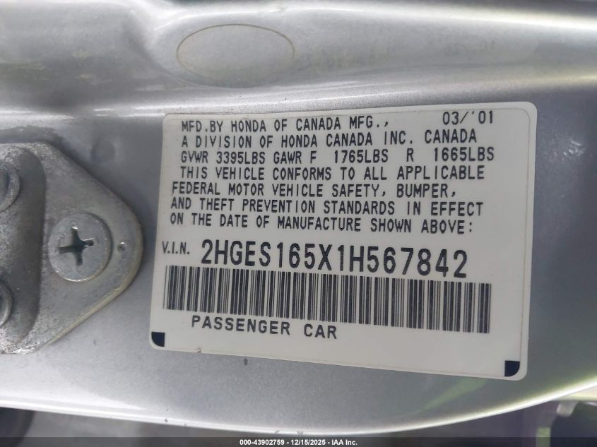 2001 Honda Civic Lx VIN: 2HGES165X1H567842 Lot: 43902759