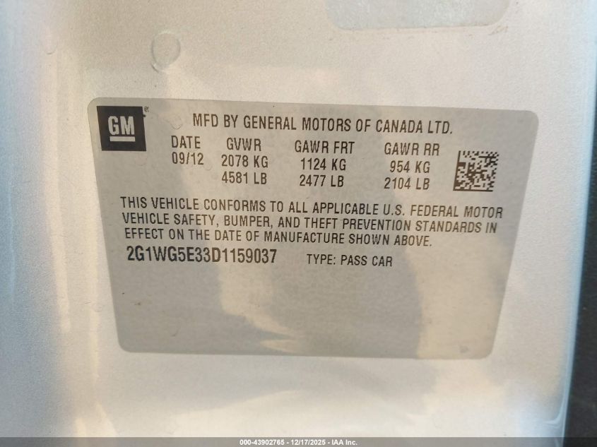 2013 Chevrolet Impala Lt VIN: 2G1WG5E33D1159037 Lot: 43902765