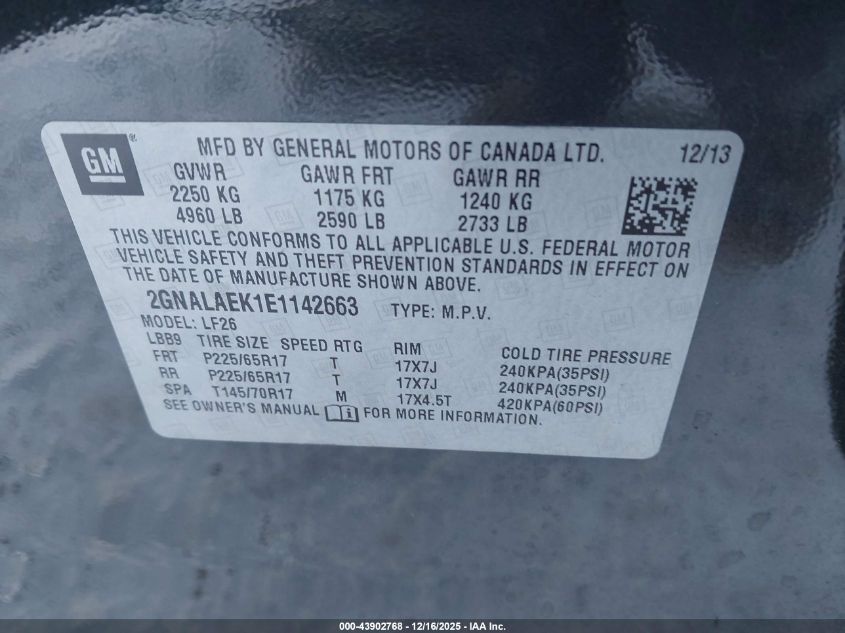 2014 Chevrolet Equinox Ls VIN: 2GNALAEK1E1142663 Lot: 43902768