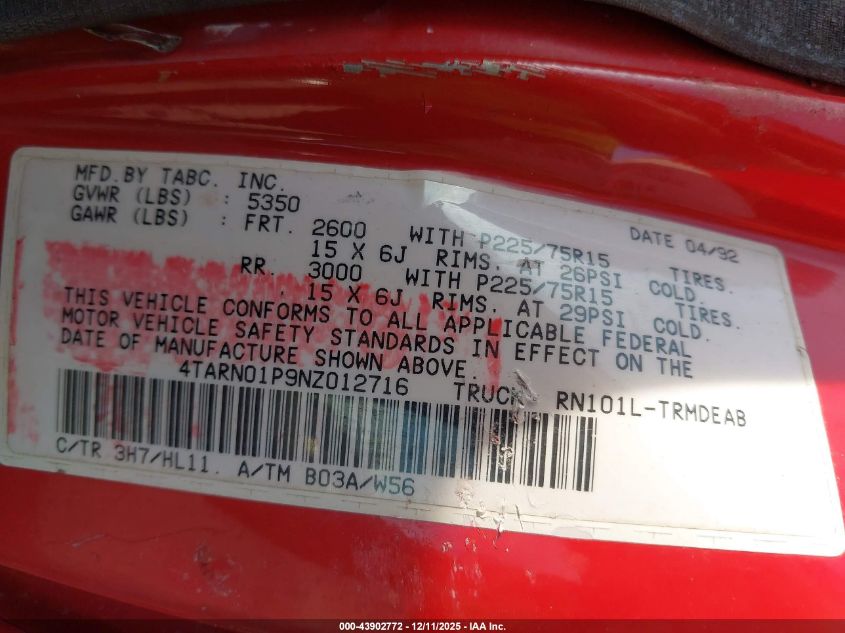 1992 Toyota Pickup 1/2 Ton Sht Wheelbase Dlx VIN: 4TARN01P9NZ012716 Lot: 43902772