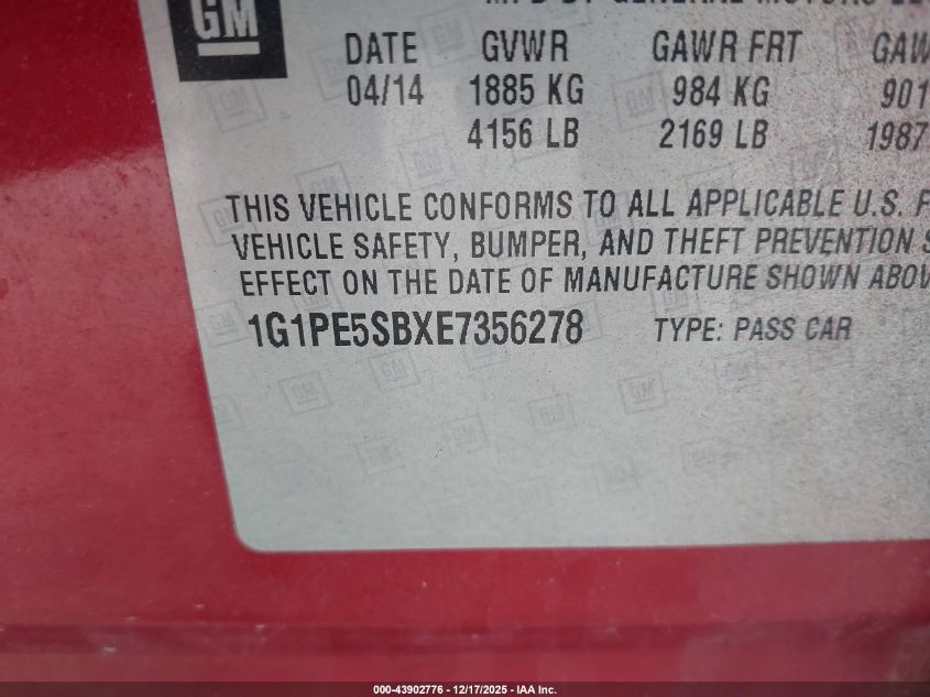 2014 Chevrolet Cruze 2Lt Auto VIN: 1G1PE5SBXE7356278 Lot: 43902776