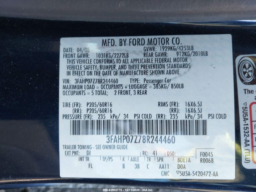 2008 Ford Fusion Se VIN: 3FAHP07Z78R244460 Lot: 43902778