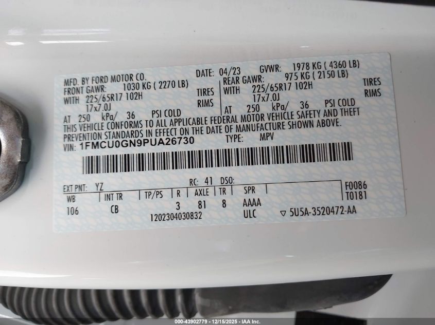 2023 Ford Escape Active VIN: 1FMCU0GN9PUA26730 Lot: 43902779