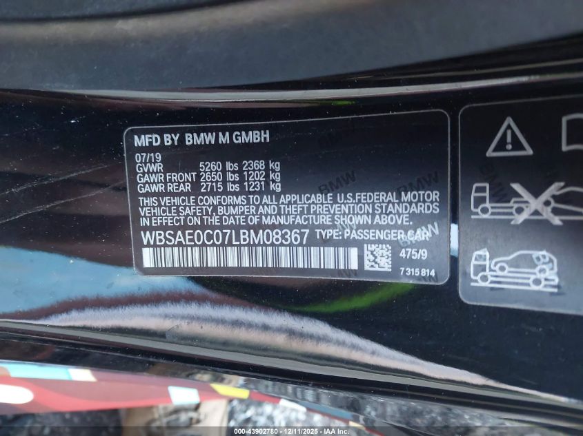 2020 BMW M8 Competition VIN: WBSAE0C07LBM08367 Lot: 43902780