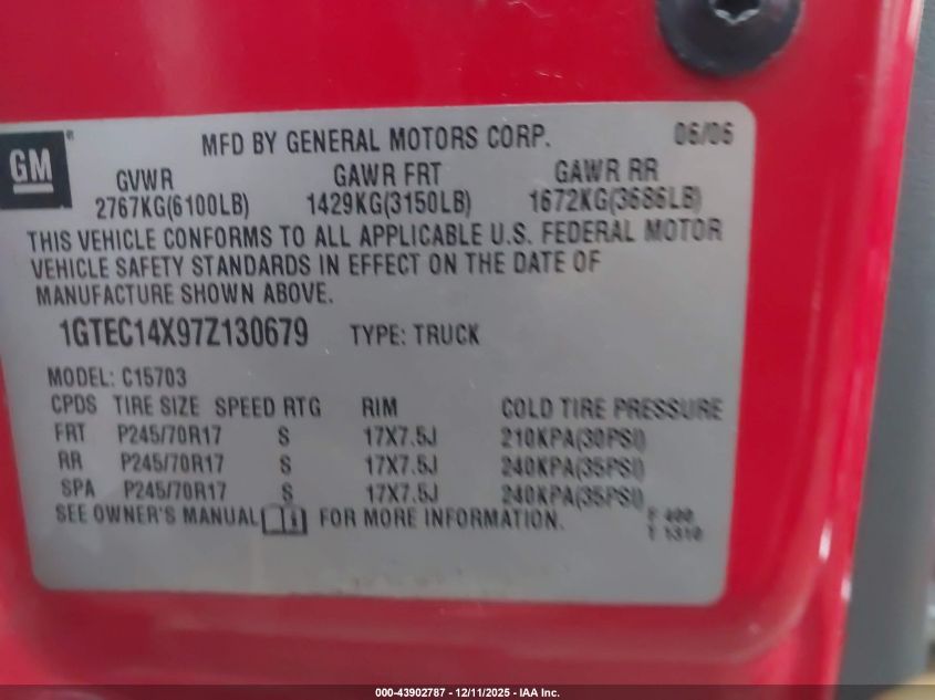 2007 GMC Sierra 1500 Classic Work VIN: 1GTEC14X97Z130679 Lot: 43902787