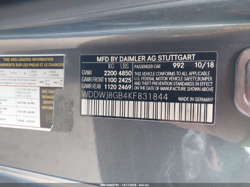 2019 Mercedes-Benz Amg C 63 VIN: WDDWJ8GB4KF831844 Lot: 43902791