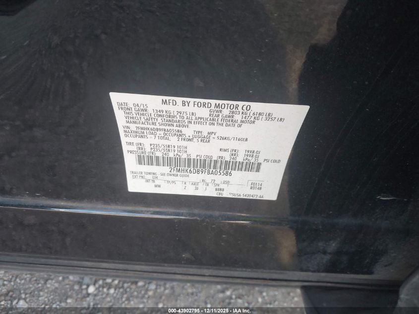 2015 Ford Flex Limited VIN: 2FMHK6D89FBA05586 Lot: 43902795