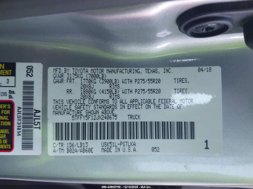 2018 Toyota Tundra Limited 5.7L V8 VIN: 5TFFY5F12JX240675 Lot: 43902798