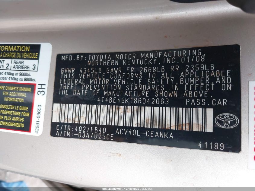 2008 Toyota Camry Le VIN: 4T4BE46K18R042063 Lot: 43902799
