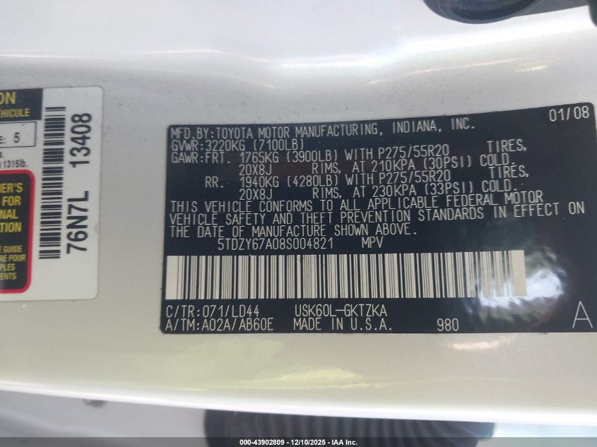 2008 Toyota Sequoia Platinum 5.7L V8 VIN: 5TDZY67A08S004821 Lot: 43902809