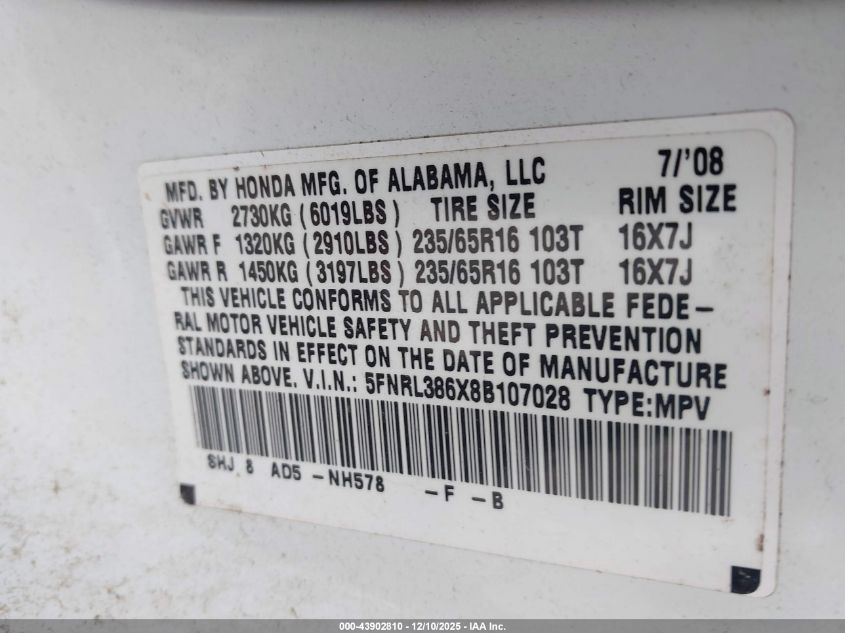 2008 Honda Odyssey Ex-L VIN: 5FNRL386X8B107028 Lot: 43902810