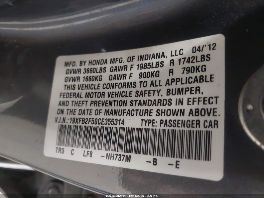 2012 Honda Civic Lx VIN: 19XFB2F50CE355314 Lot: 43902811