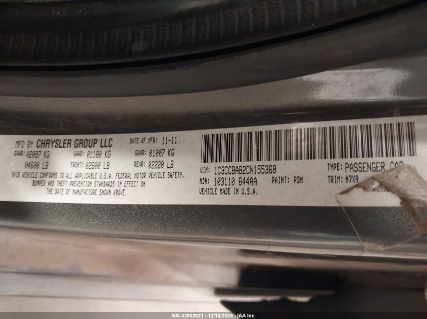 2012 Chrysler 200 Lx VIN: 1C3CCBAB2CN155368 Lot: 43902821