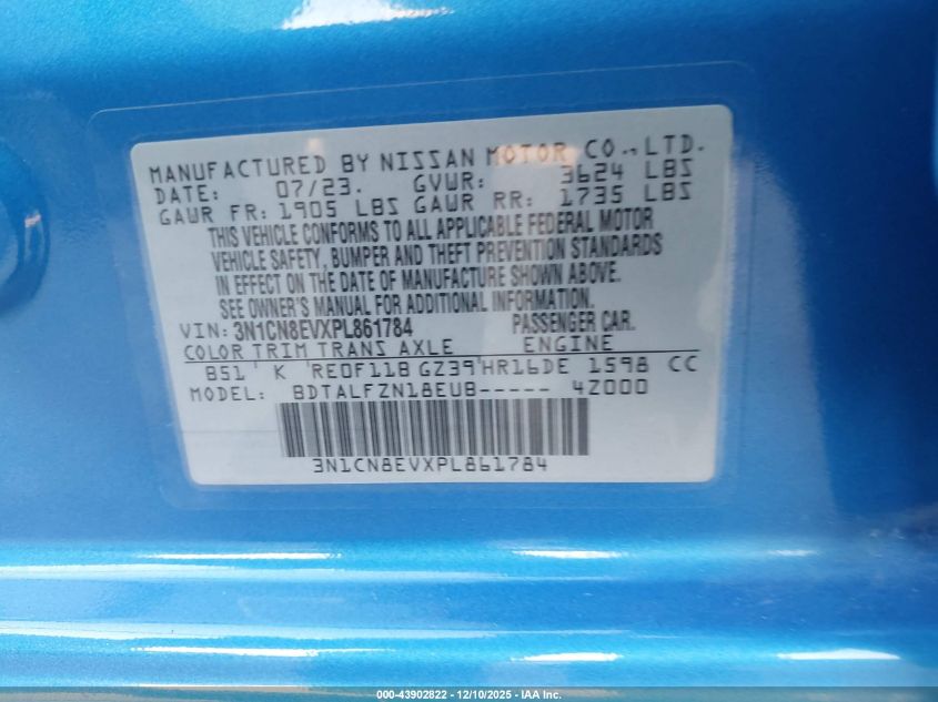 2023 Nissan Versa 1.6 Sv Xtronic Cvt VIN: 3N1CN8EVXPL861784 Lot: 43902822