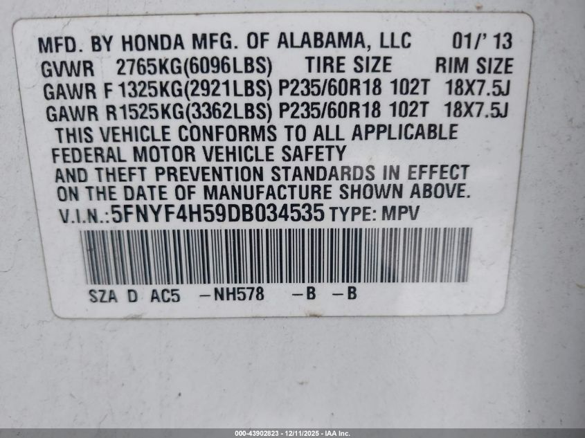 2013 Honda Pilot Ex-L VIN: 5FNYF4H59DB034535 Lot: 43902823