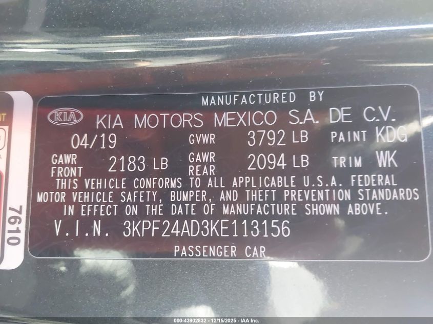 2019 Kia Forte Lxs VIN: 3KPF24AD3KE113156 Lot: 43902832