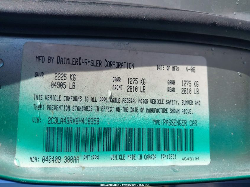 2006 Chrysler 300 VIN: 2C3LA43RX6H418358 Lot: 43902833