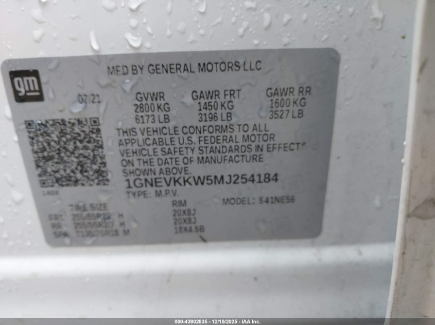 2021 Chevrolet Traverse Awd Premier VIN: 1GNEVKKW5MJ254184 Lot: 43902835