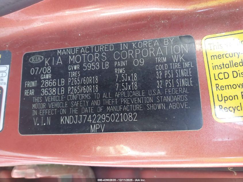 2009 Kia Borrego Ex V8 VIN: KNDJJ742295021082 Lot: 43902839