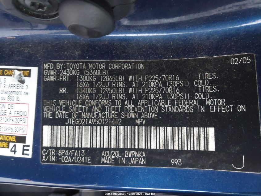2005 Toyota Highlander VIN: JTEGD21A950121442 Lot: 43902840