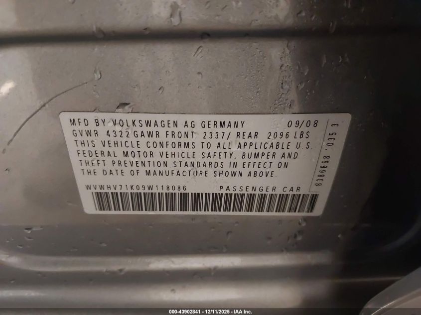 2009 Volkswagen Gti 4-Door VIN: WVWHV71K09W118086 Lot: 43902841