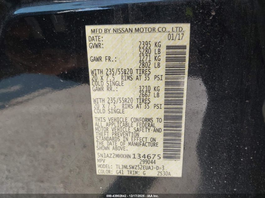 2017 Nissan Murano Platinum VIN: 5N1AZ2MHXHN134675 Lot: 43902842