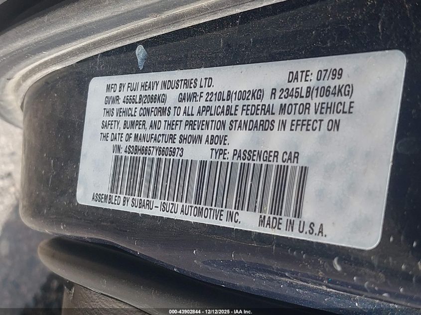 2000 Subaru Outback VIN: 4S3BH6657Y6605973 Lot: 43902844