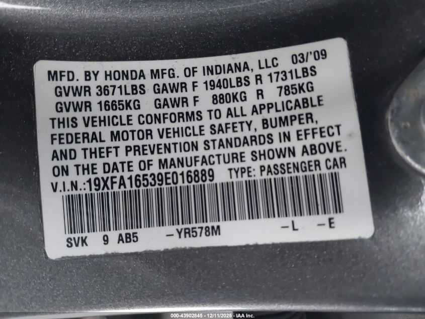2009 Honda Civic Lx VIN: 19XFA16539E016889 Lot: 43902845
