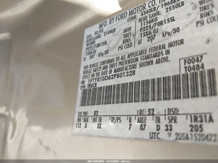 2002 Ford Ranger Xl/Xlt VIN: 1FTYR10D62PB01328 Lot: 43902858