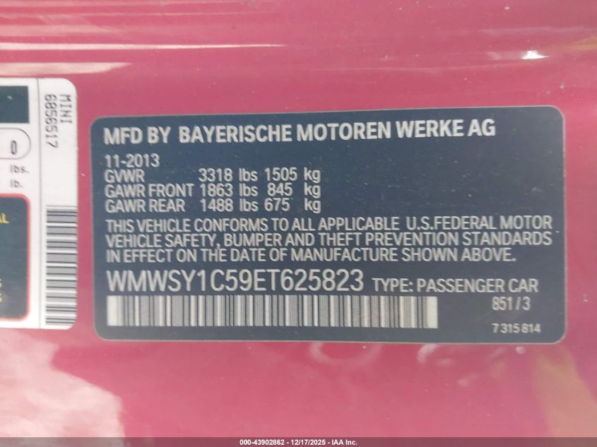 2014 Mini Roadster Cooper VIN: WMWSY1C59ET625823 Lot: 43902862