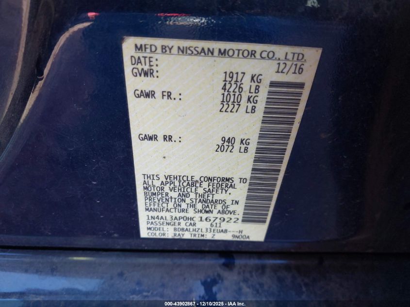 2017 Nissan Altima 2.5 Sr VIN: 1N4AL3AP0HC167922 Lot: 43902867